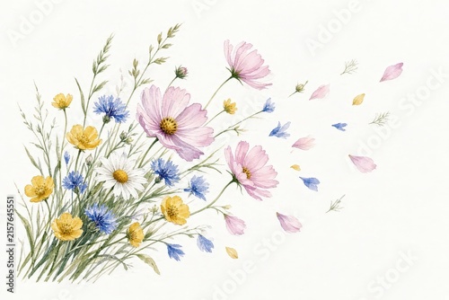 Delicate watercolor illustration of pink cosmos, yellow buttercups, and blue cornflowers with scattered petals blowing in the breeze.