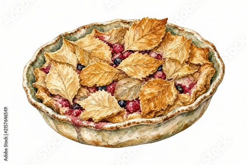 Watercolor illustration of a freshly baked berry pie topped with golden pastry leaves in a rustic ceramic dish.