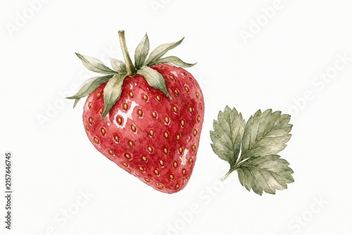Detailed watercolor illustration of a ripe strawberry and a green leaf on a white background.