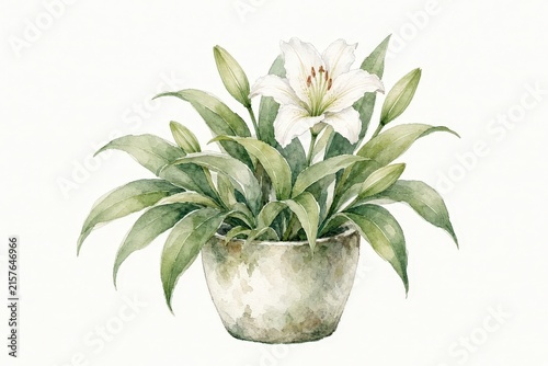 Watercolor illustration of a white lily blooming in a weathered green planter pot