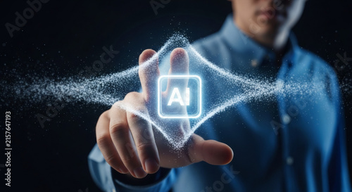 Man touching glowing artificial intelligence icon on virtual screen concept