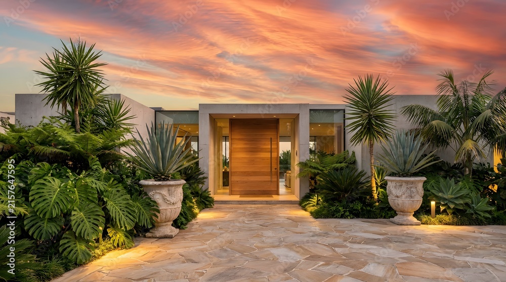 Fototapeta premium Modern Luxury Home Exterior with Lush Landscaping and Vibrant Sunset Sky.