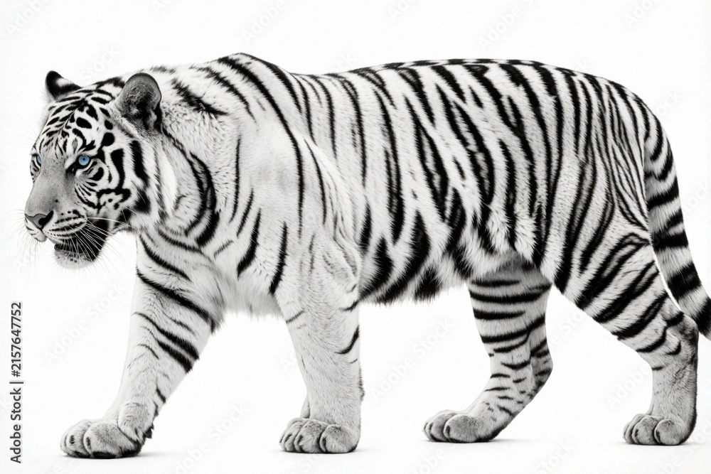 Obraz premium White tiger walks sideways on white background. Fierce predator with blue eyes moves through space. Powerful wild cat with black stripes, heavy paws. Majestic striped beast looks dangerous in