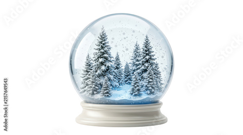 Christmas snow globe with pine trees and falling snow isolated on transparent background