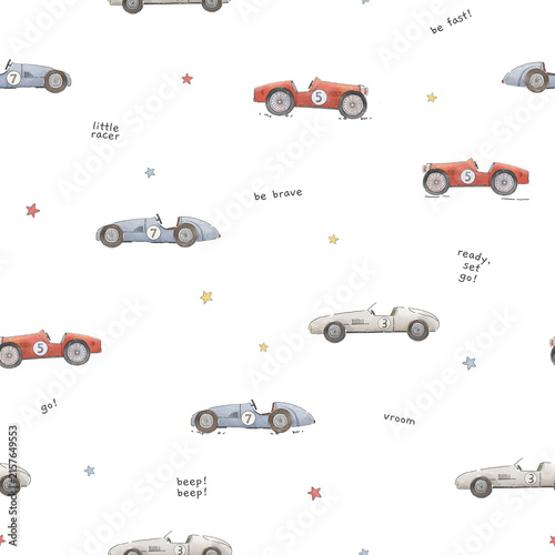 Retro Race Cars Seamless Pattern with Checkered Flags and Cute Handwritten Text