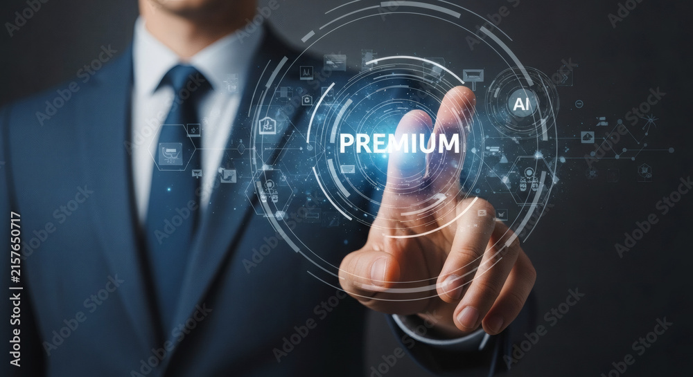 Obraz premium Professional hand engaging with a futuristic virtual interface, selecting 'Premium' to unlock exclusive digital services and high-value technological business solutions