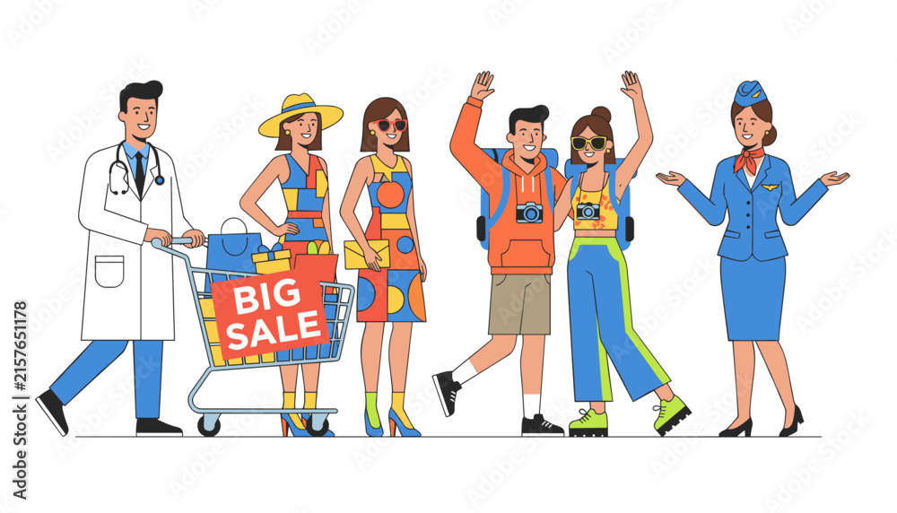 Fototapeta premium Diverse group of people including a doctor with a shopping cart, travelers, and a stewardess standing together.