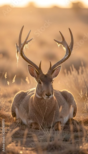 A jackalope resting in a warm golden meadow surrounded by tall grasses and soft sunlight, highlighting its impressive antlers and natural presence in an atmospheric wildlife and wilderness setting.