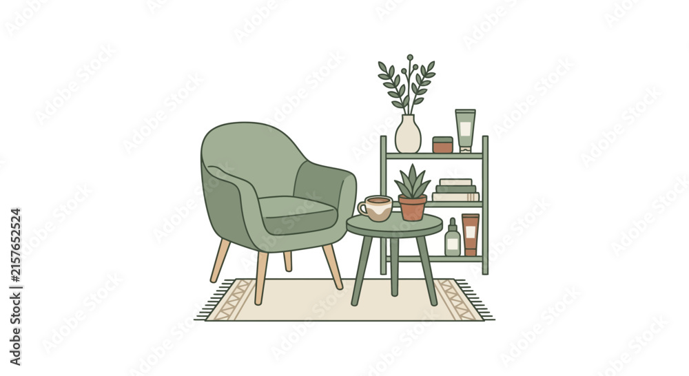 Fototapeta premium Relaxing home interior scene with armchair and shelf.