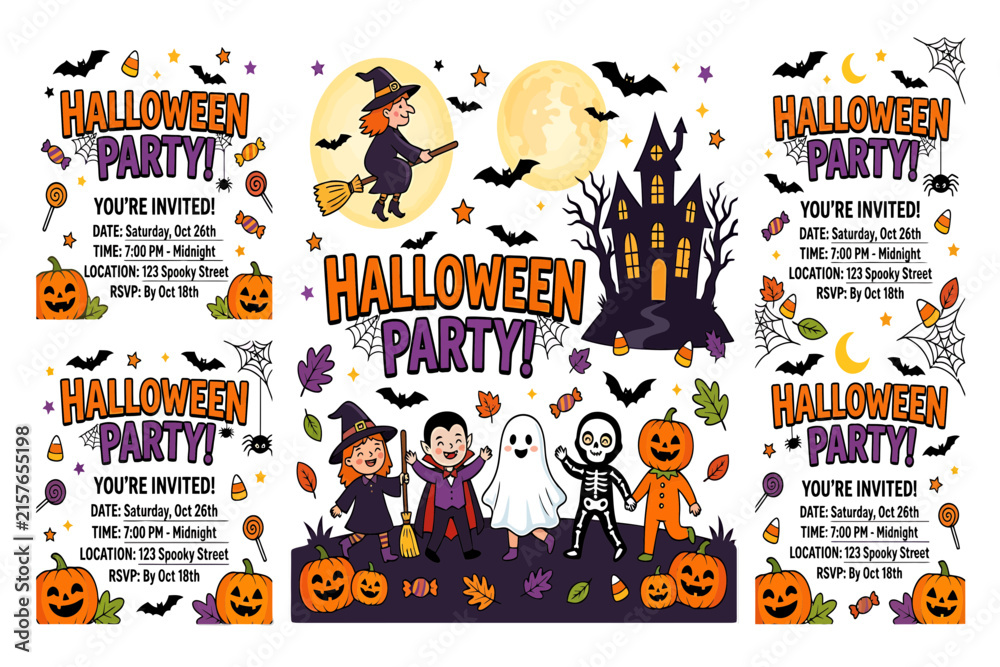 Fototapeta premium Halloween party invitation templates with cute cartoon characters and spooky elements