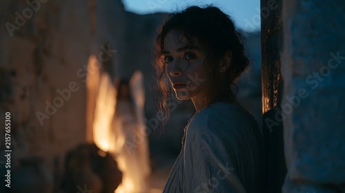 Closeup of a womans face looking over her shoulder in a dimly lit ancient setting