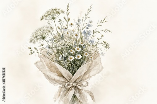 A handpainted watercolor illustration of a rustic wildflower bouquet featuring queen annes lace, tiny daisies, and delicate filler flowers tied with sheer cream fabric.