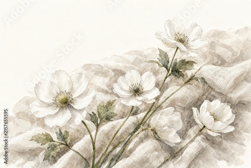 Delicate white anemones bloom softly across rumpled fabric in a vintage watercolor painting.