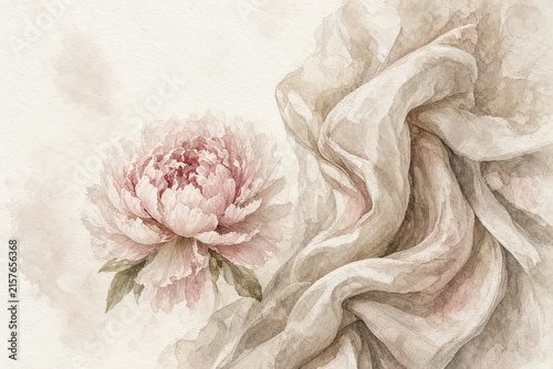 A soft pink peony blooms beside draped beige fabric in a delicate watercolor illustration.