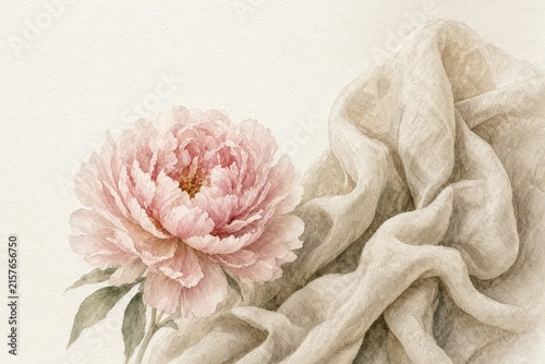 Soft pink peony blossom resting against draped cream linen fabric in a vintage watercolor style