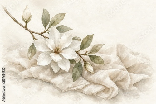 Delicate white magnolia blossoms rest gracefully atop a draped creamcolored fabric with soft green foliage.
