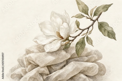 A delicate white magnolia bloom with green leaves grows from a textured rock surface in a soft watercolor painting style