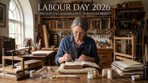 Professional bookbinder restoring an antique book in a traditional workshop studio.
