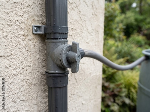 Rainwater diverter valve on house downspout, grey plastic gutter pipe system, sustainable water collection for garden barrel