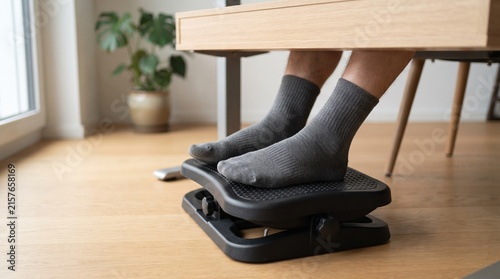 Ergonomic office footrest under wooden desk, person in grey socks using adjustable foot stool, comfortable home office workspace setup