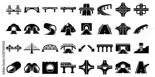 Collection of various bridge types and highway interchange icons in a simple black and white vector style