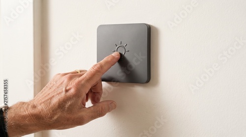 Modern smart light switch on white wall, hand pressing black dimmer button, minimalist home automation control for lighting