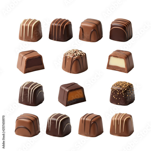 A collection of sixteen assorted gourmet chocolate pralines arranged in a grid, featuring milk and dark chocolate squares with drizzled patterns, caramel centers, and crunchy