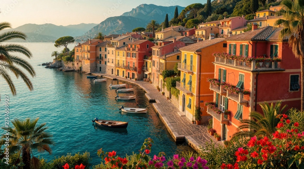 Fototapeta premium Colorful Mediterranean village with houses by blue sea. Boats dock along waterfront promenade under sunny sky. Palm trees and flowers add lush green plants.
