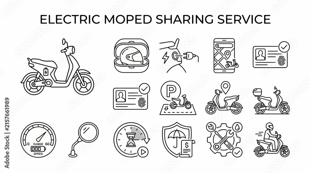 Fototapeta premium A collection of 15 linear blackandwhite icons illustrating an electric moped sharing service