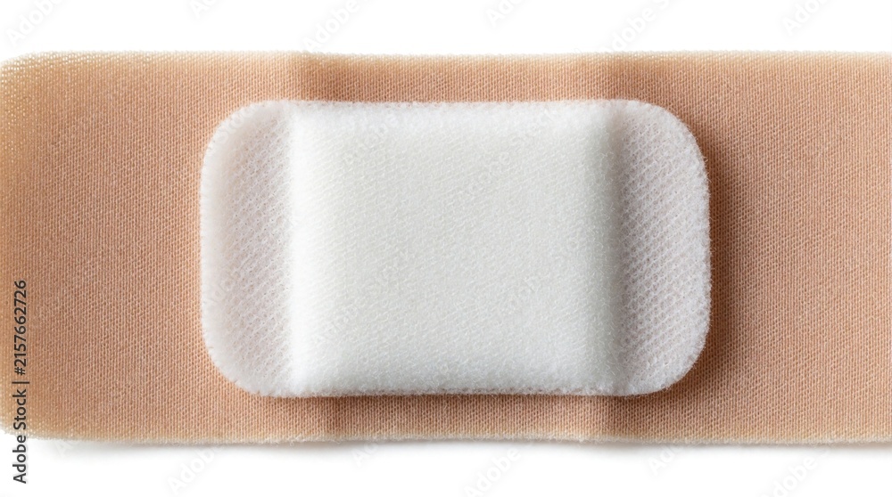 Obraz premium Close up of beige fabric adhesive bandage with white absorbent pad. Medical plaster strip isolated on white background. First aid supply for wound care, skin protection, minor injury treatment.