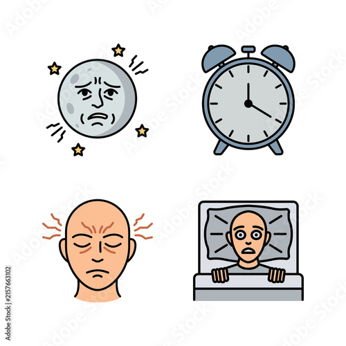 Quadro su tela A set of four flat vector icons depicting insomnia, featuring a tired moon, alarm clock, headache, and a wide-eyed person awake in bed on a black background