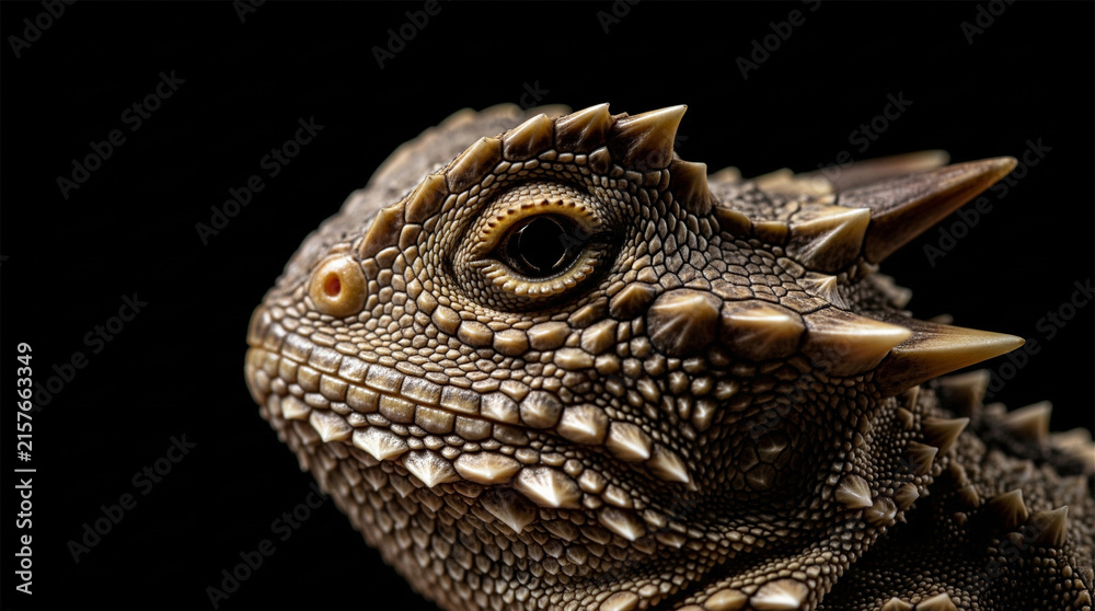 Fototapeta premium Horned lizard features sharp spiky scales on its head against a black background.