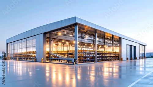 Modern glass building with warm interior lighting at dusk.
