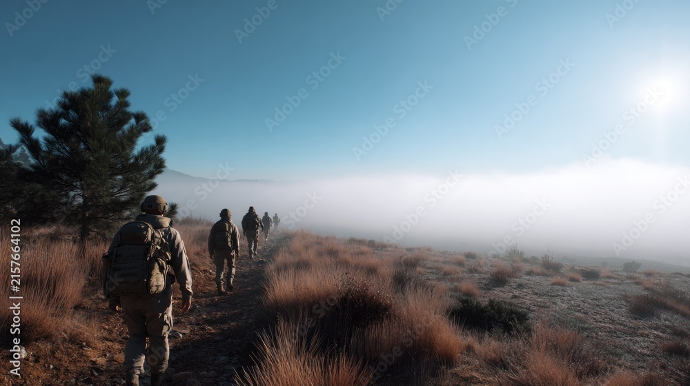 Naklejka premium Military Mission in Fog: A squad of soldiers, equipped with backpacks, marches in single file along a rugged trail, shrouded in a mystical morning fog with the sun glinting overhead.