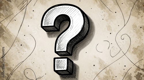 Obraz na płótnie Bold question mark graphic on distressed paper background with abstract scribbles. Represents inquiry, mystery, or uncertainty. Vintage drawing style.