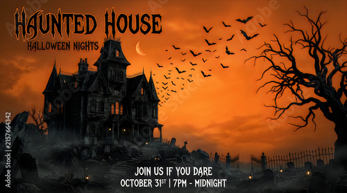 Haunted house with bats during halloween night