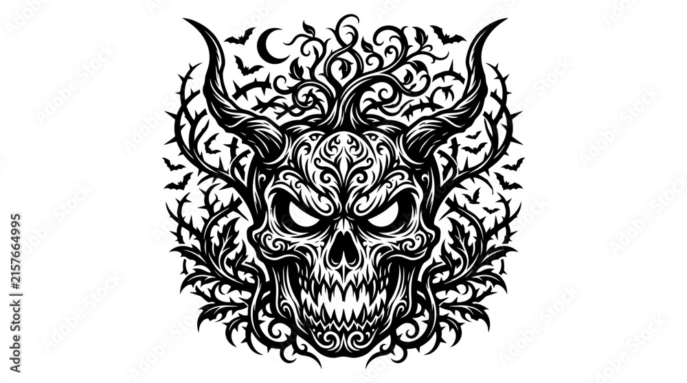 Fototapeta premium Evil Skull Tattoo Art with Horns, Bats and Vines - Black and White Vector