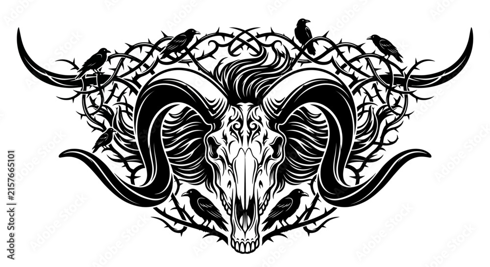 Fototapeta premium Ram Skull with Crows and Thorns - Dark Art Vector Illustration