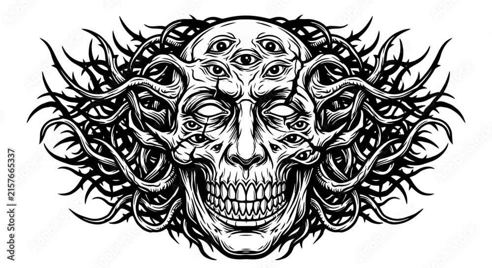 Fototapeta premium Demonic Face with Multiple Eyes and Thorny Tendrils, Dark Art Vector