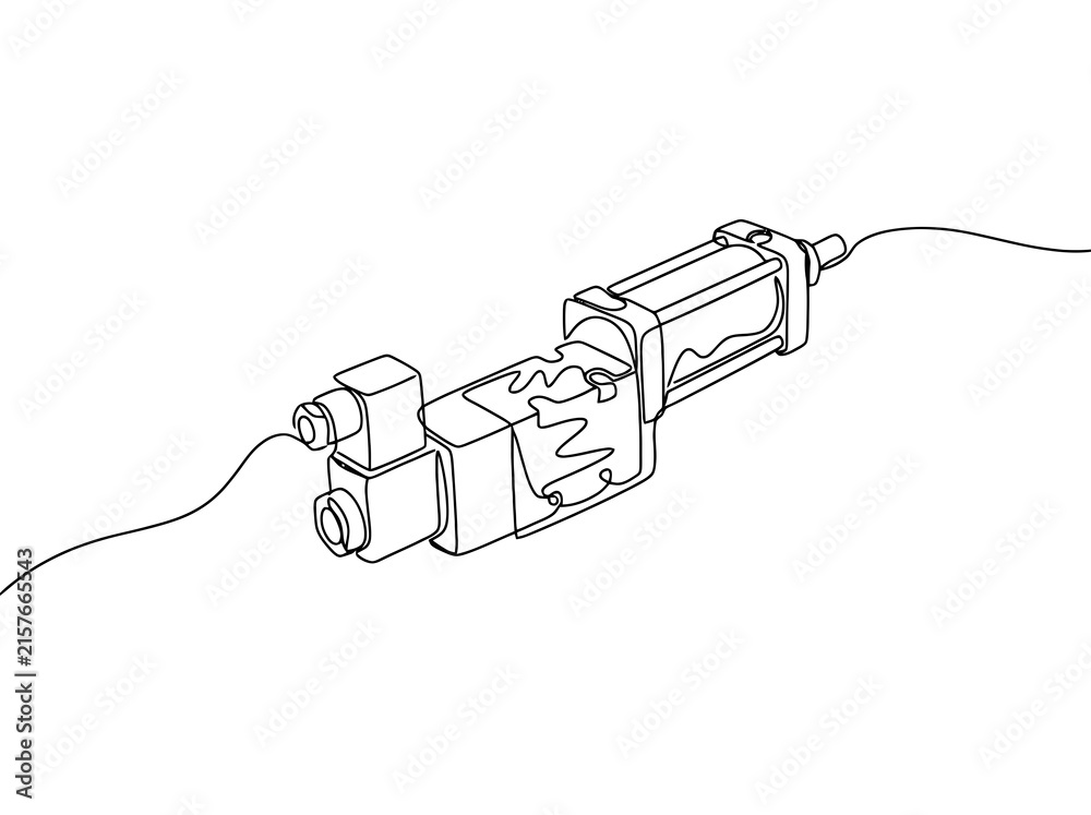 Fototapeta premium Simple line drawing of a solenoid valve with wire connections and a piston structure