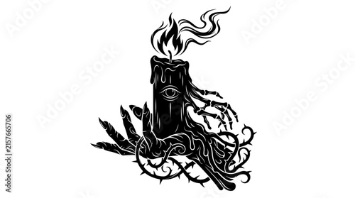 Mysterious Candle With Eye and Spooky Hand, Dark Art Vector