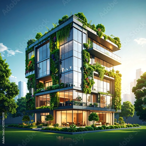 Modern eco-friendly multi-level house in lush garden.
