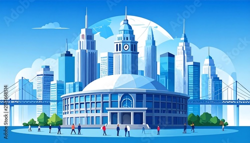 Modern glass building with blue steel framework exterior.