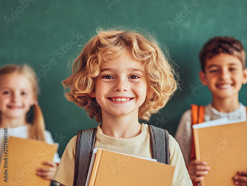 Happy elementary school children with books and backpacks in front of a chalkboard