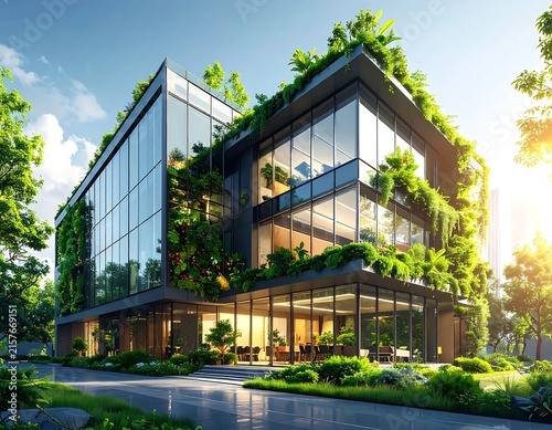 Modern eco-friendly house surrounded by lush greenery.
