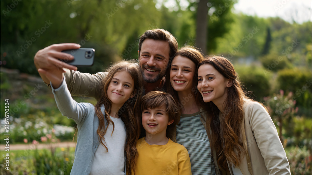 Fototapeta premium Family Snapshot Moment: A happy family poses for a selfie in a sun-dappled park, capturing a cherished memory together amidst lush greenery and blooming flowers.