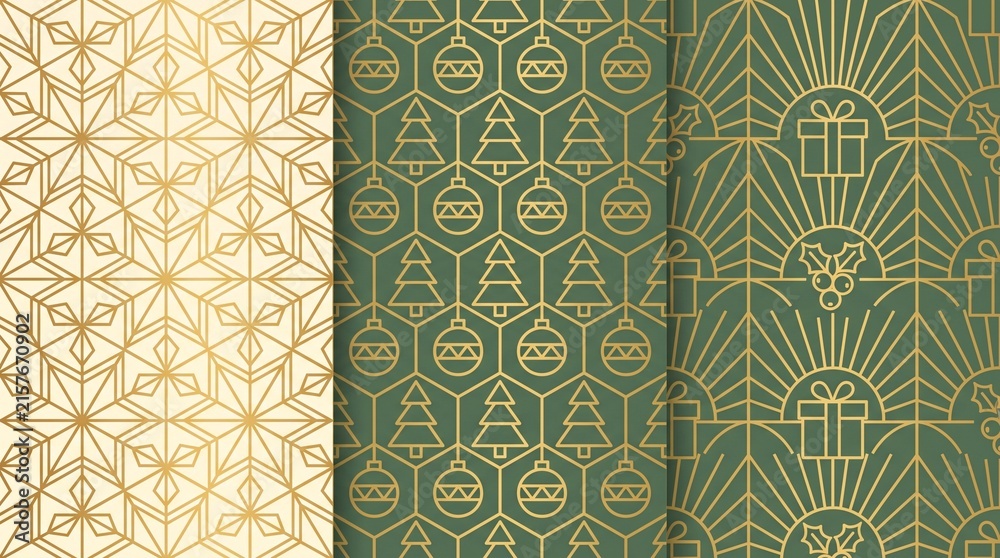 Christmas holiday seamless pattern set gold metallic art deco icons
