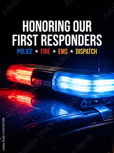 A tribute graphic honoring first responders featuring a police car light bar with glowing red and blue emergency lights against a black background with text including police, fire, ems, and dispatch.