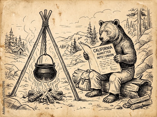 Vintage-style illustration of a grizzly bear wearing pants and sitting on a log by a campfire, reading a newspaper headlined California Admitted Into Union with a hanging cast-iron pot.