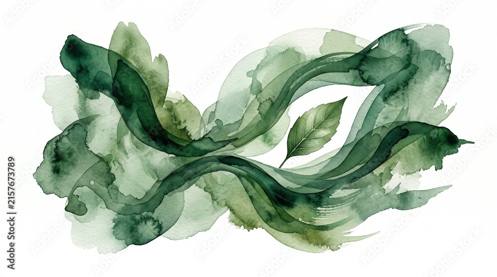 Obraz premium Abstract green watercolor splash with organic leaf, ethereal emerald ink wash on white, fluid botanical art for wedding stationery.